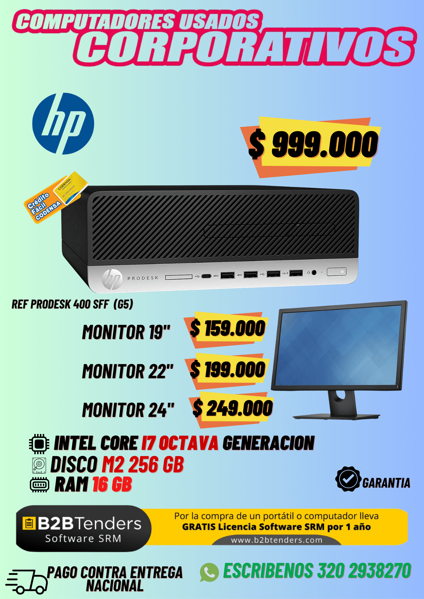 Computador HP ProDesk 400 SFF i7 8va Gen | 16GB RAM + 256GB M.2 SSD